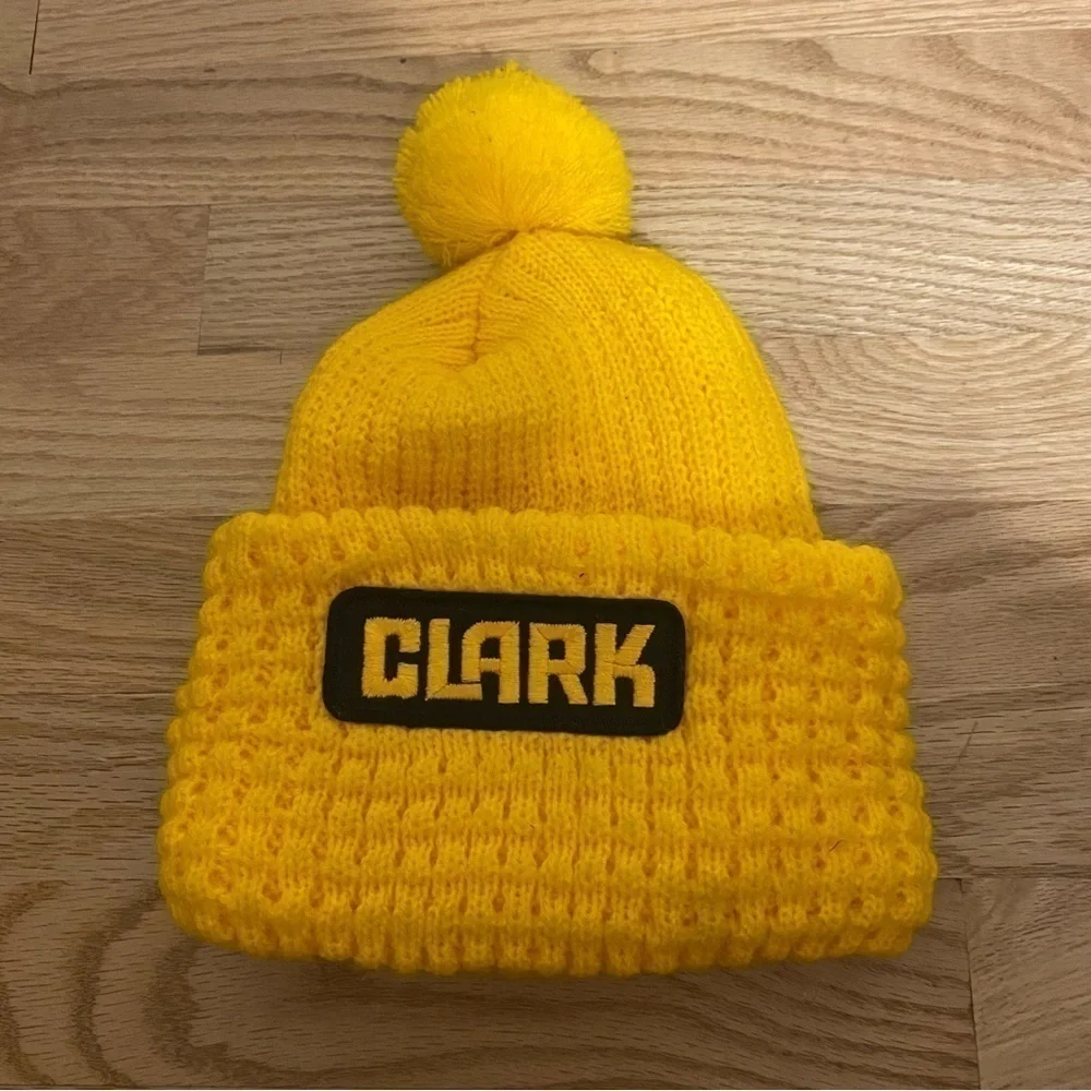 Vintage Clark Knit Beenie Hat Pom Black Yellow Gold Transmission Oil Caitlyn
